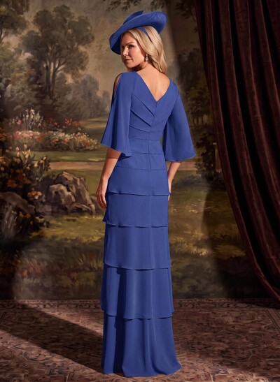 Elegant V-Neck Tiered Floor-Length Chiffon Mother Of The Bride Dresses With Beading/Lace