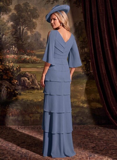 Elegant V-Neck Tiered Floor-Length Chiffon Mother Of The Bride Dresses With Beading/Lace
