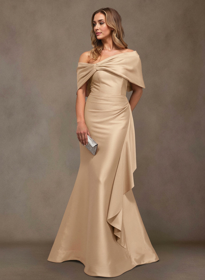 Elegant Off-The-Shoulder Ruffle Mermaid Floor-Length Matte Satin Mother Of The Bride Dresses