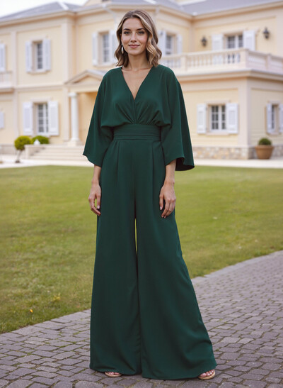 Simple V-Neck 1/2 Sleeves Floor-Length Elastic Satin Mother Of The Bride Dresses With Pockets