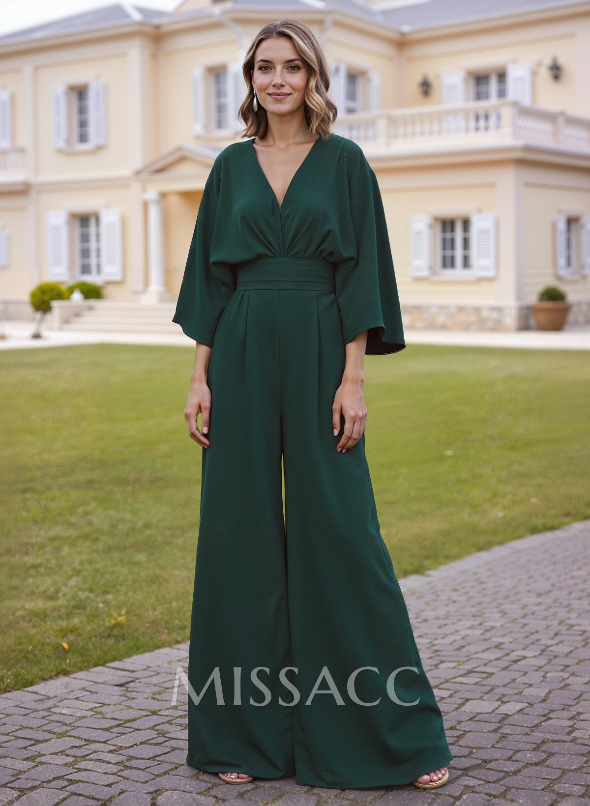 Simple V-Neck 1/2 Sleeves Floor-Length Elastic Satin Mother Of The Bride Dresses With Pockets