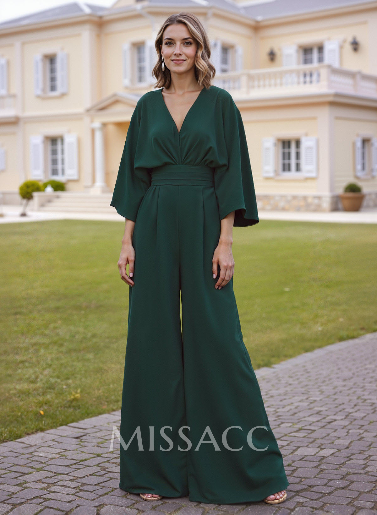 Simple V-Neck 1/2 Sleeves Floor-Length Elastic Satin Mother Of The Bride Dresses With Pockets