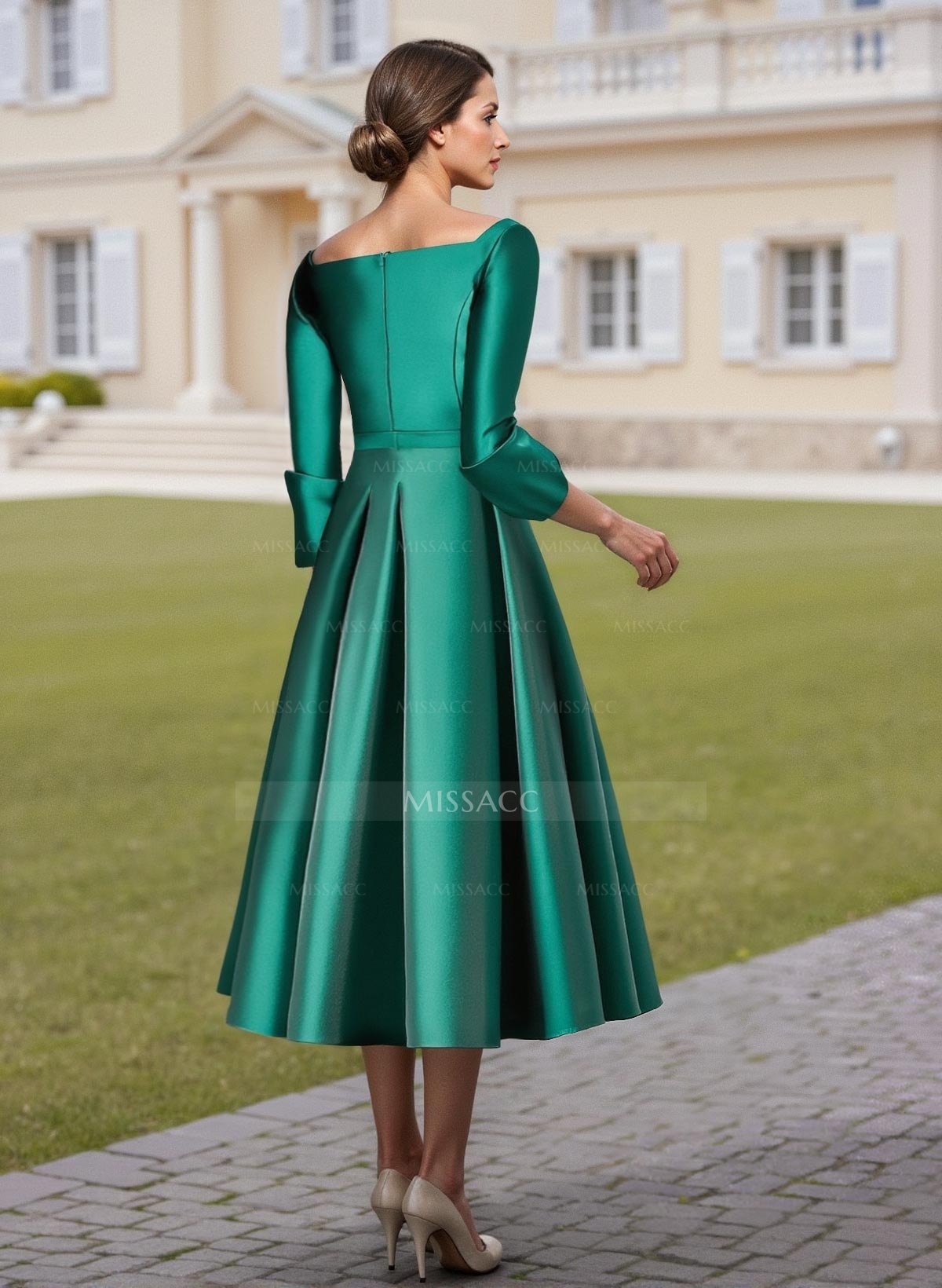 A-Line 3/4 Sleeves Tea-Length Satin Mother Of The Bride Dresses