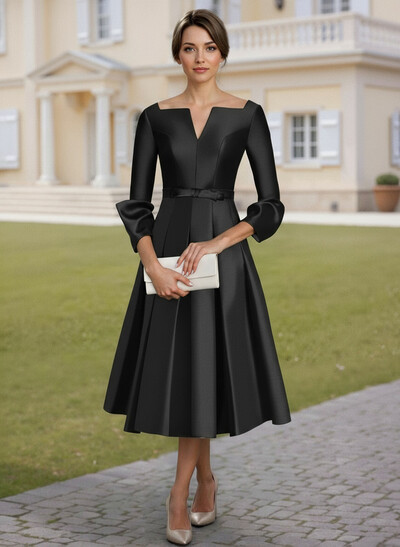 A-Line 3/4 Sleeves Tea-Length Satin Mother Of The Bride Dresses
