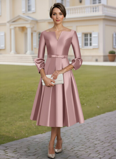 A-Line 3/4 Sleeves Tea-Length Satin Mother Of The Bride Dresses