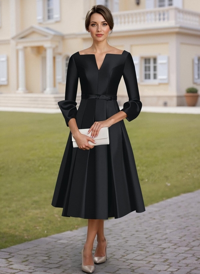 A-Line 3/4 Sleeves Tea-Length Satin Mother Of The Bride Dresses