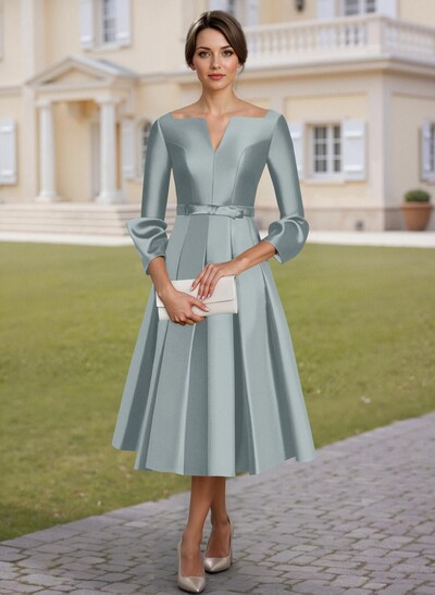A-Line 3/4 Sleeves Tea-Length Satin Mother Of The Bride Dresses