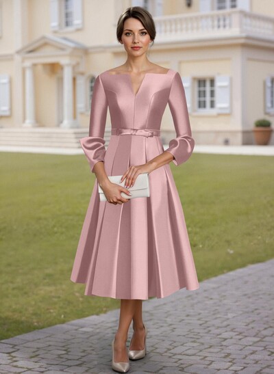 A-Line 3/4 Sleeves Tea-Length Satin Mother Of The Bride Dresses