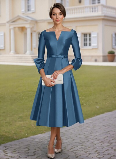 A-Line 3/4 Sleeves Tea-Length Satin Mother Of The Bride Dresses