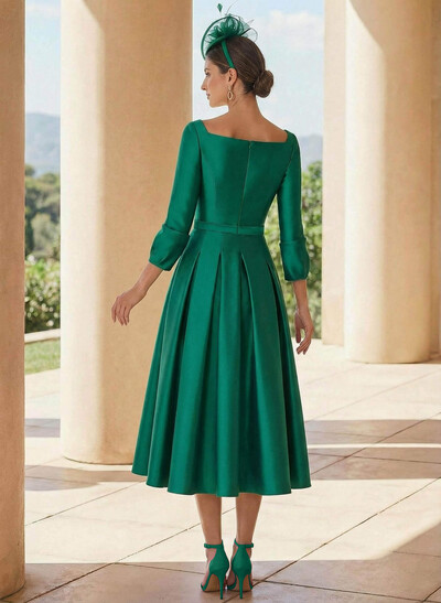 A-Line 3/4 Sleeves Tea-Length Satin Mother Of The Bride Dresses