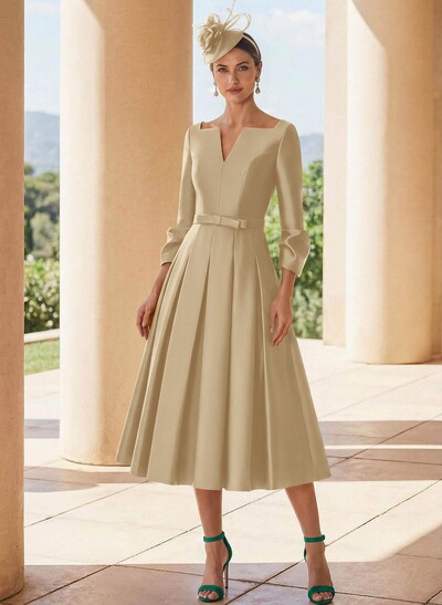 A-Line 3/4 Sleeves Tea-Length Satin Mother Of The Bride Dresses