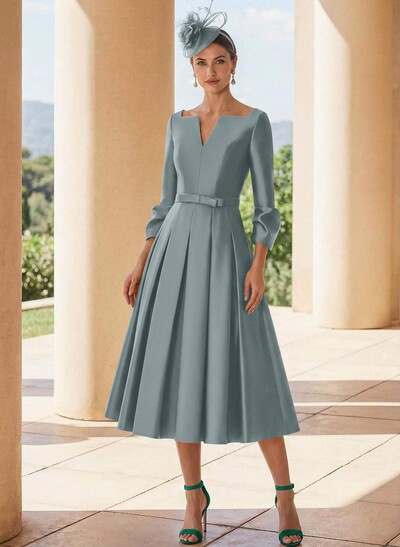 A-Line 3/4 Sleeves Tea-Length Satin Mother Of The Bride Dresses