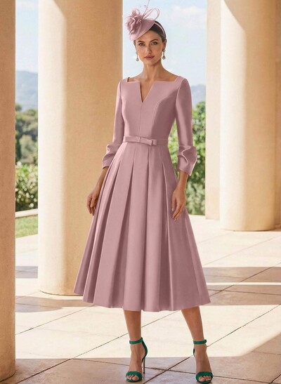 A-Line 3/4 Sleeves Tea-Length Satin Mother Of The Bride Dresses
