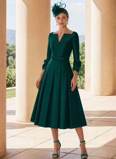 A-Line 3/4 Sleeves Tea-Length Satin Mother Of The Bride Dresses