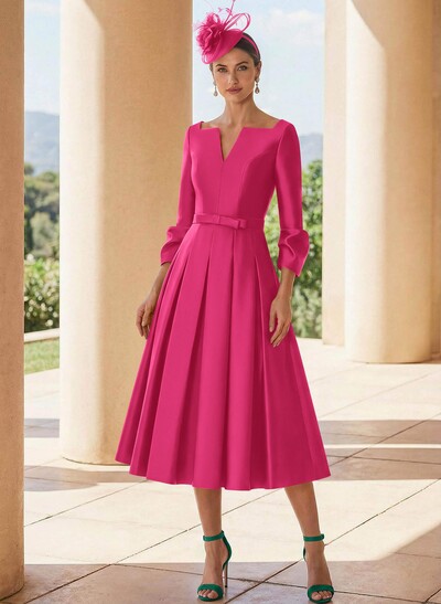 A-Line 3/4 Sleeves Tea-Length Satin Mother Of The Bride Dresses