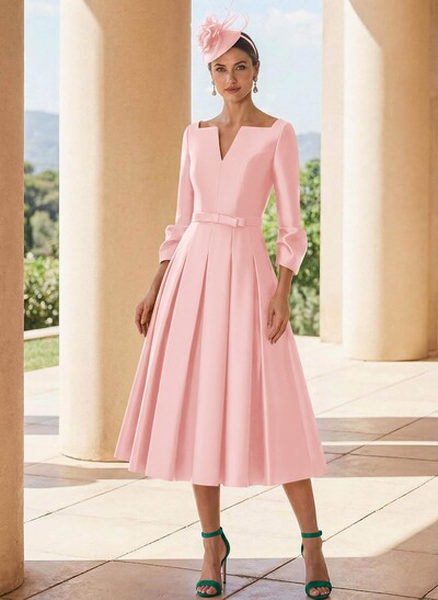 A-Line 3/4 Sleeves Tea-Length Satin Mother Of The Bride Dresses