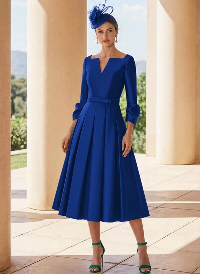 A-Line 3/4 Sleeves Tea-Length Satin Mother Of The Bride Dresses