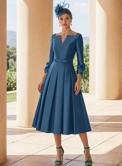 A-Line 3/4 Sleeves Tea-Length Satin Mother Of The Bride Dresses