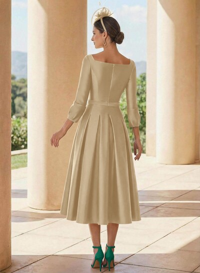A-Line 3/4 Sleeves Tea-Length Satin Mother Of The Bride Dresses
