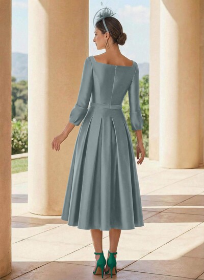 A-Line 3/4 Sleeves Tea-Length Satin Mother Of The Bride Dresses