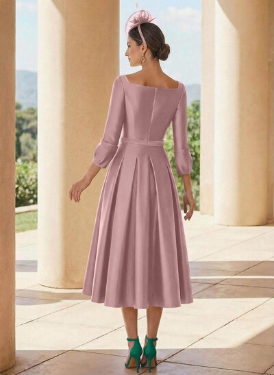 A-Line 3/4 Sleeves Tea-Length Satin Mother Of The Bride Dresses