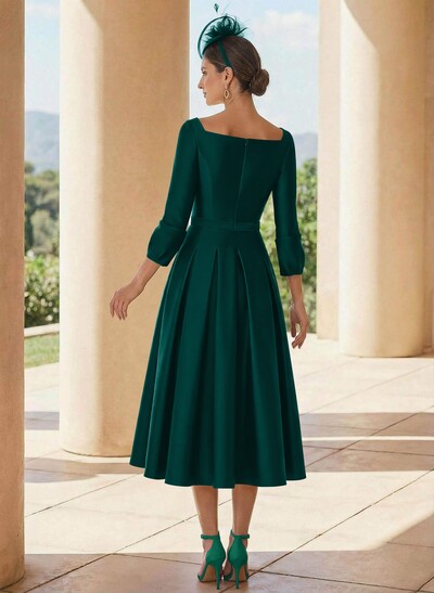 A-Line 3/4 Sleeves Tea-Length Satin Mother Of The Bride Dresses