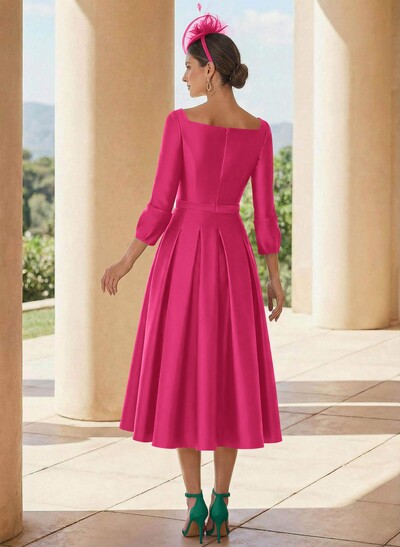 A-Line 3/4 Sleeves Tea-Length Satin Mother Of The Bride Dresses