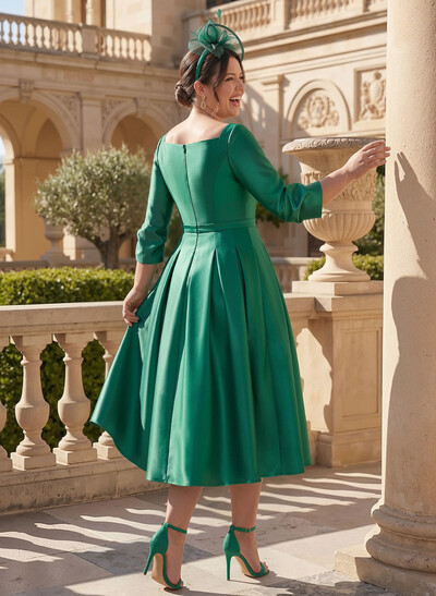 A-Line 3/4 Sleeves Tea-Length Satin Mother Of The Bride Dresses