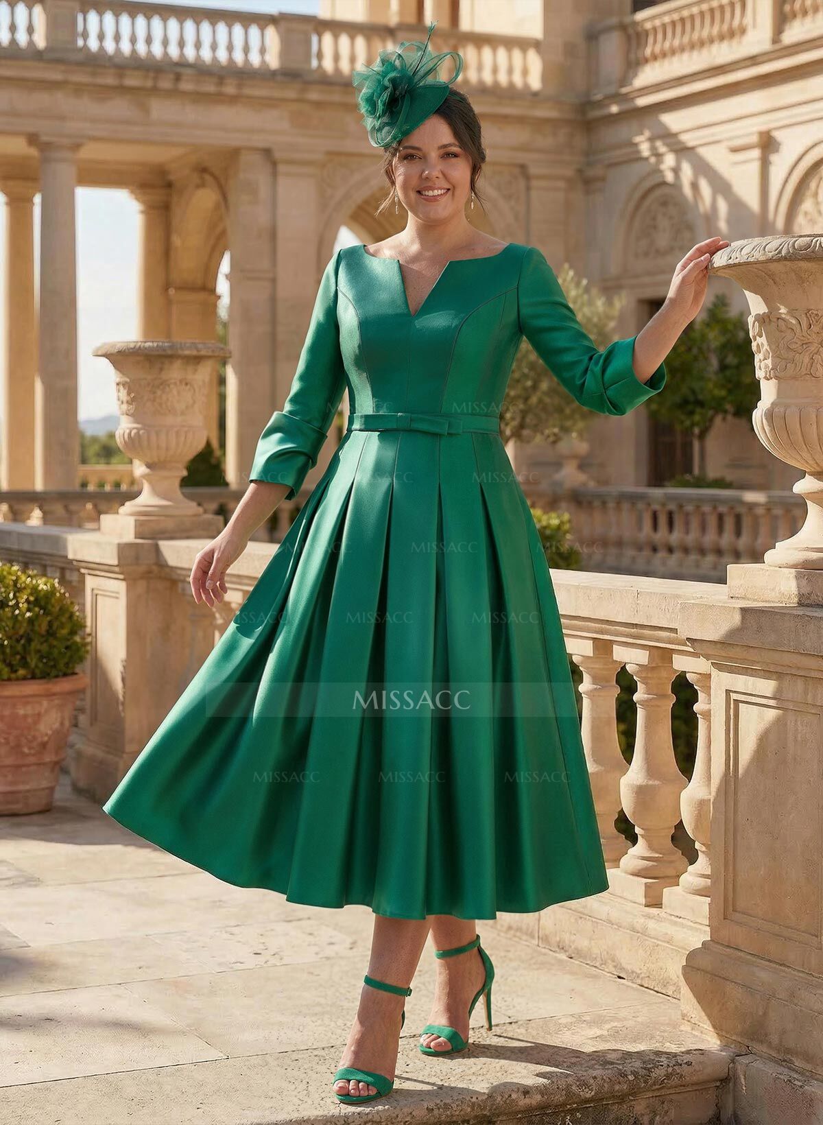 A-Line 3/4 Sleeves Tea-Length Satin Mother Of The Bride Dresses