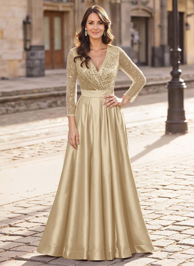 A-Line V-Neck Long Sleeves Satin/Sequined Mother Of The Bride Dresses With Pleated