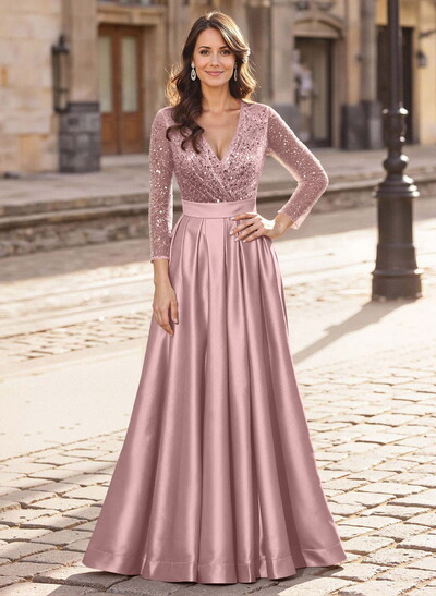 A-Line V-Neck Long Sleeves Satin/Sequined Mother Of The Bride Dresses With Pleated