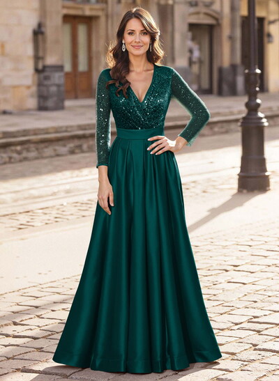 A-Line V-Neck Long Sleeves Satin/Sequined Mother Of The Bride Dresses With Pleated