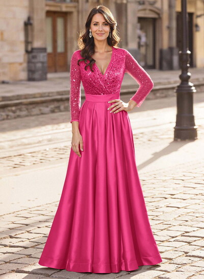 A-Line V-Neck Long Sleeves Satin/Sequined Mother Of The Bride Dresses With Pleated