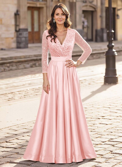 A-Line V-Neck Long Sleeves Satin/Sequined Mother Of The Bride Dresses With Pleated