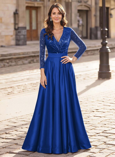A-Line V-Neck Long Sleeves Satin/Sequined Mother Of The Bride Dresses With Pleated