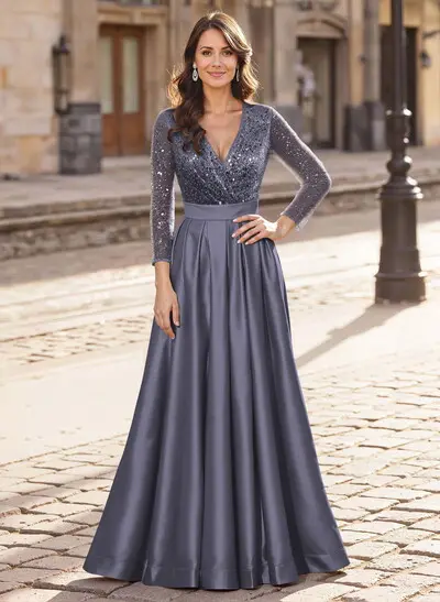 A-Line V-Neck Long Sleeves Satin/Sequined Mother Of The Bride