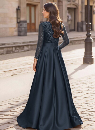 A-Line V-Neck Long Sleeves Satin/Sequined Mother Of The Bride Dresses With Pleated