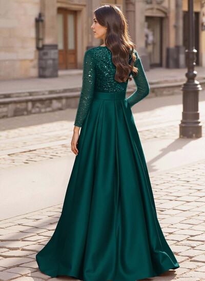A-Line V-Neck Long Sleeves Satin/Sequined Mother Of The Bride Dresses With Pleated