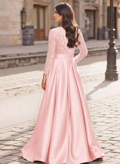A-Line V-Neck Long Sleeves Satin/Sequined Mother Of The Bride Dresses With Pleated