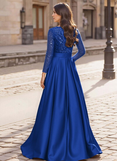 A-Line V-Neck Long Sleeves Satin/Sequined Mother Of The Bride Dresses With Pleated