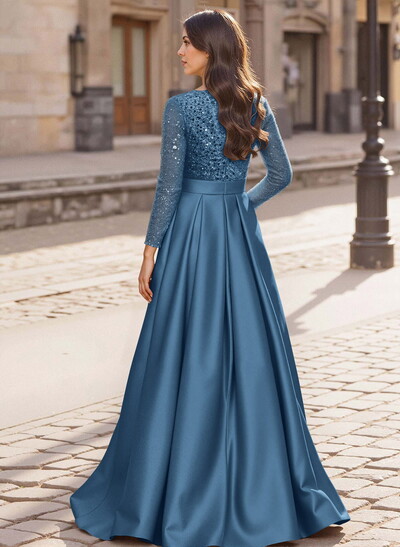 A-Line V-Neck Long Sleeves Satin/Sequined Mother Of The Bride Dresses With Pleated