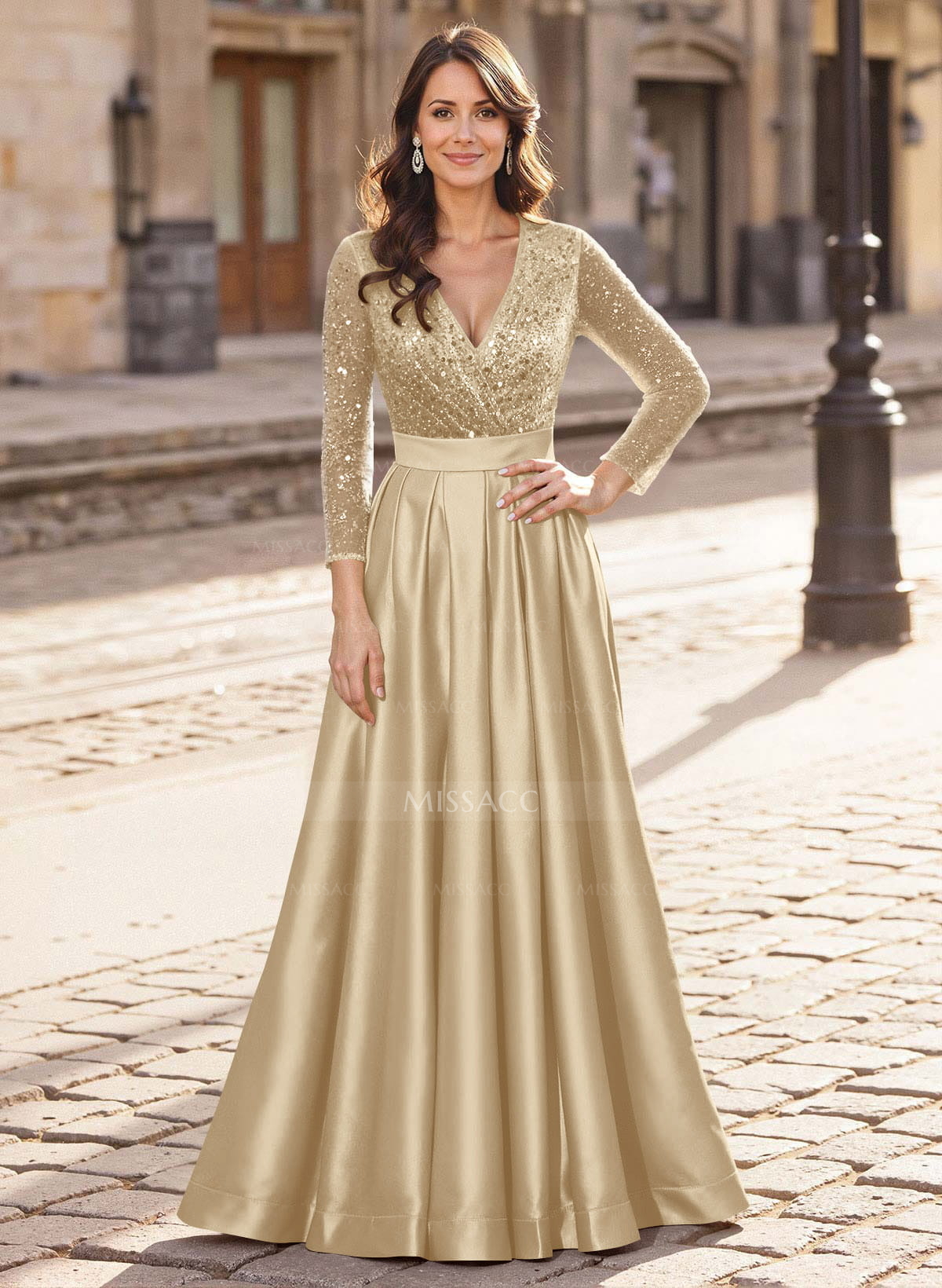 A-Line V-Neck Long Sleeves Satin/Sequined Mother Of The Bride Dresses With Pleated