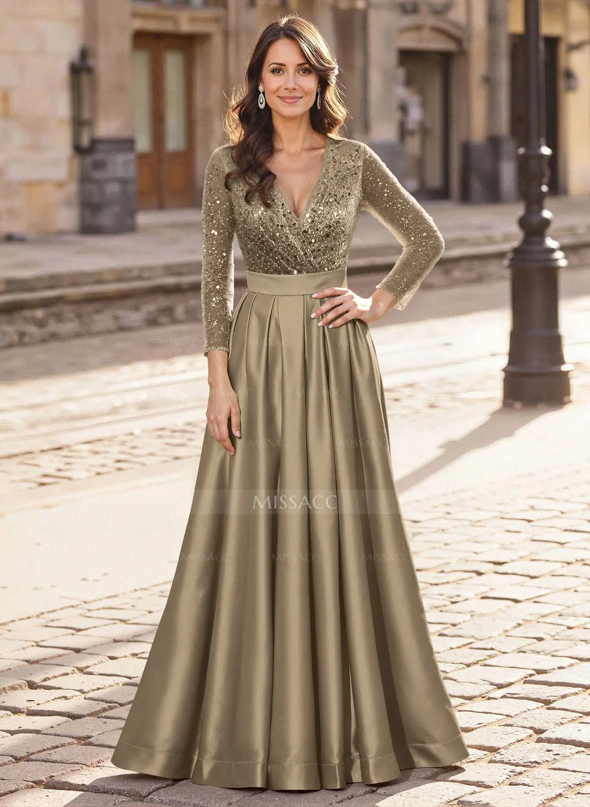 A-Line V-Neck Long Sleeves Satin/Sequined Mother Of The Bride