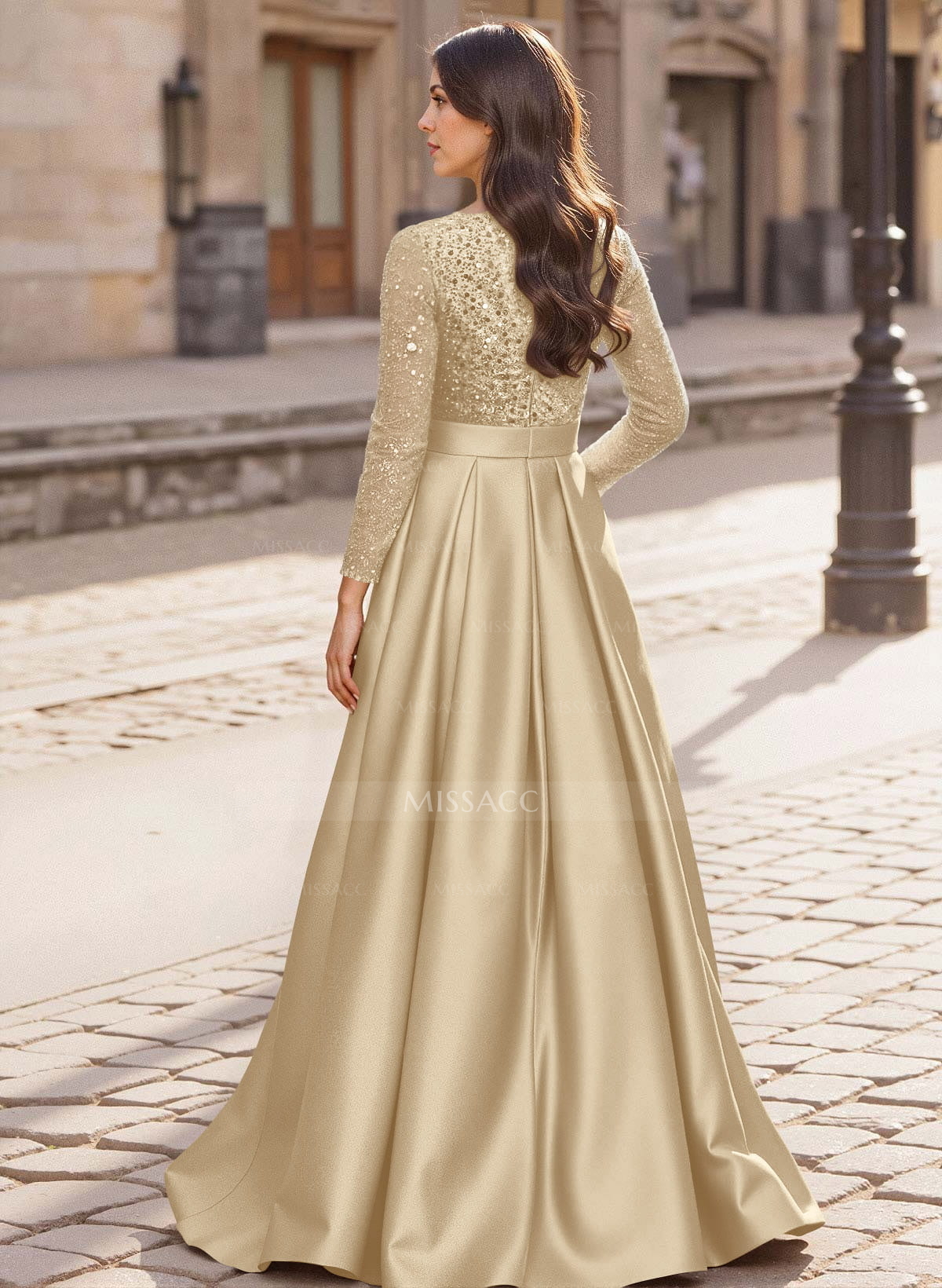 A-Line V-Neck Long Sleeves Satin/Sequined Mother Of The Bride Dresses With Pleated