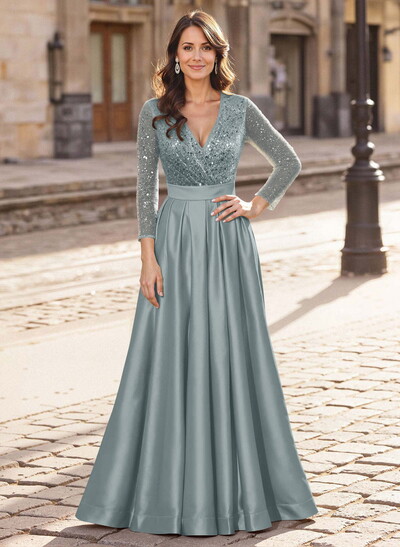 A-Line V-Neck Long Sleeves Satin/Sequined Mother Of The Bride Dresses With Pleated
