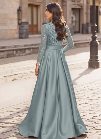A-Line V-Neck Long Sleeves Satin/Sequined Mother Of The Bride Dresses With Pleated