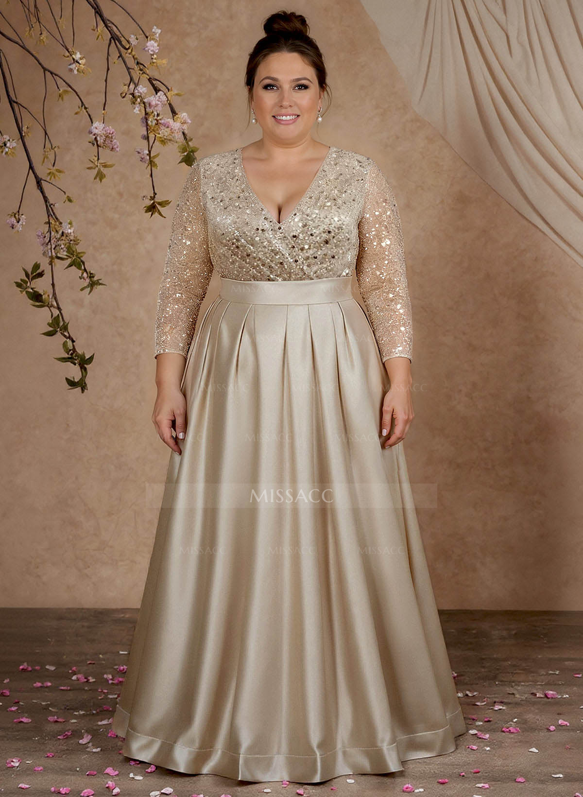 A-Line V-Neck Long Sleeves Satin/Sequined Mother Of The Bride Dresses With Pleated