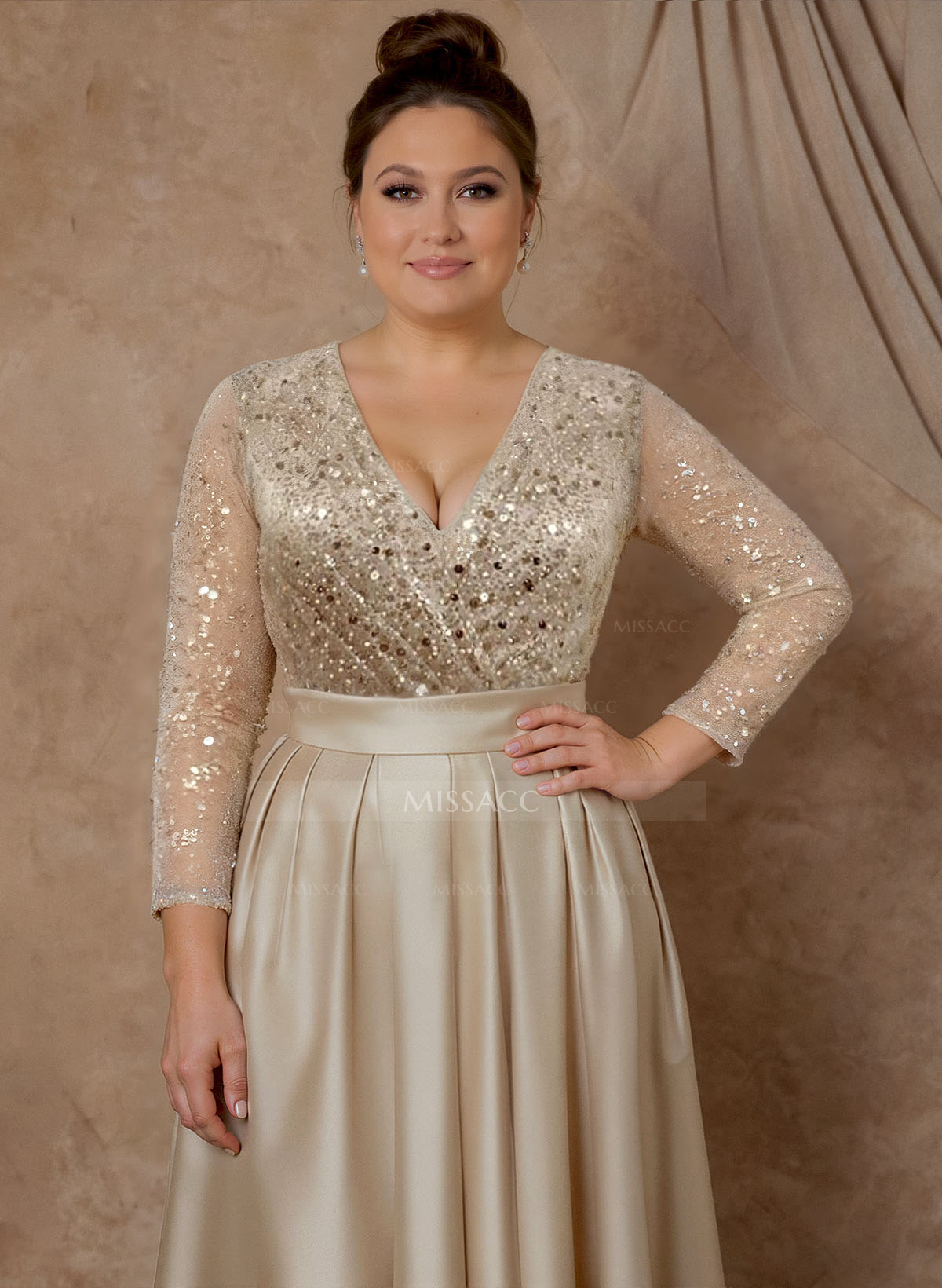 A-Line V-Neck Long Sleeves Satin/Sequined Mother Of The Bride Dresses With Pleated