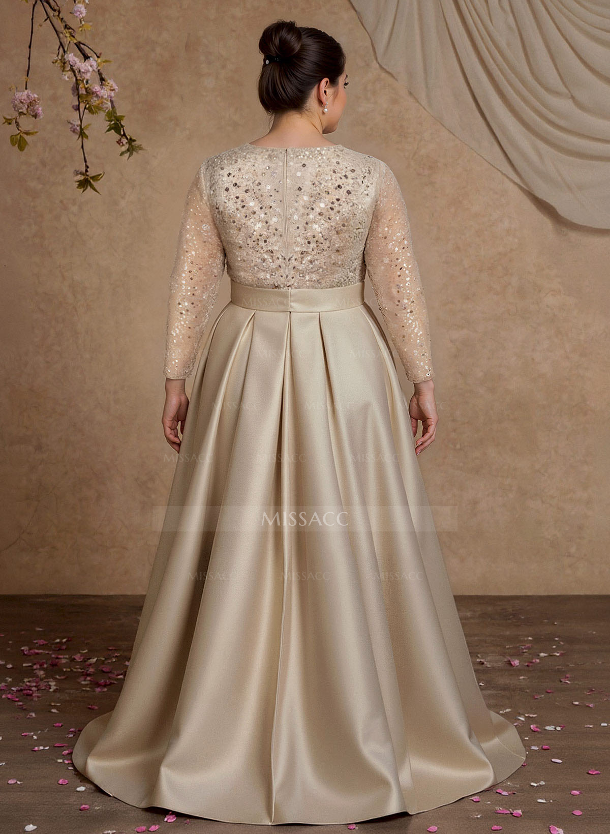 A-Line V-Neck Long Sleeves Satin/Sequined Mother Of The Bride Dresses With Pleated