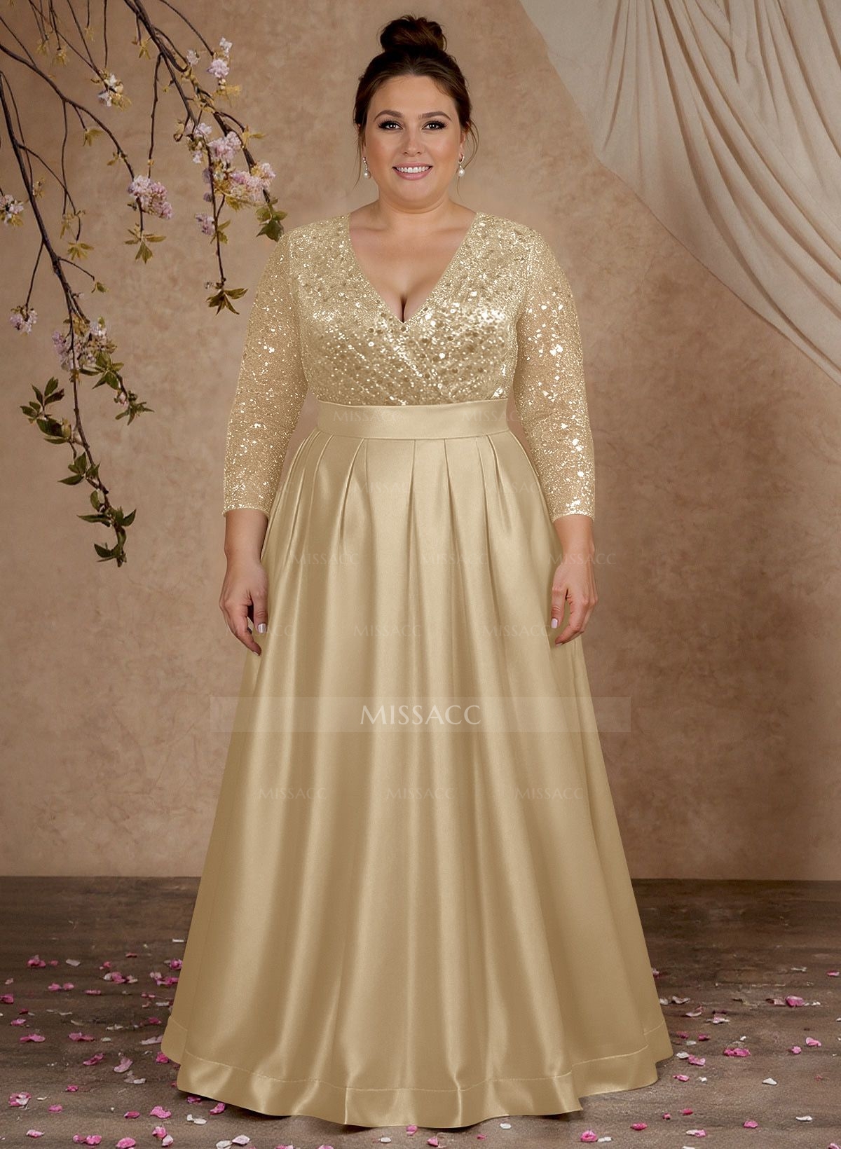 A-Line V-Neck Long Sleeves Satin/Sequined Mother Of The Bride Dresses With Pleated